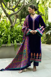 Charizma - 3PC Velvet Embroidered Shirt with Karandi Printed Dupatta and Trouser - SS0925