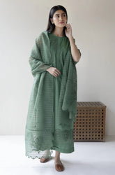 Dyot - 3PC Dhanak Embroidered Shirt with Organza Embroidered Dupatta and Trouser - SS0893