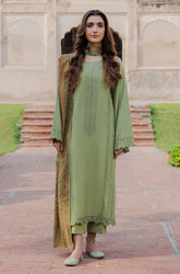 IZEL - 3PC Dhanak Embroidered Shirt With Wool Printed Dupatta and Trouser - SS01024