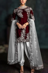 Boraque -Winter 3PC Velvet Embroidered Suit - SS0559