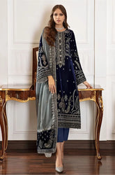 Jazmin - 3PC Velvet Embroidered Shirt With Organza Embroidered Dupatta and Trouser - SS0928