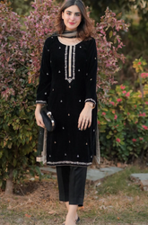 Boraque - 3PC Velvet Embroidered Shirt With Silk Printed Dupatta and Trouser - SS0401