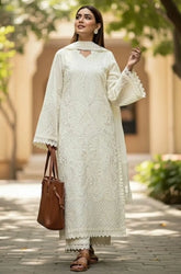 SHANZY - 3PC Lawn Chikankari Embroidered Shirt with Chiffon Embroidered Dupatta and Trouser - SS0653