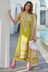FAIZA SAQLAIN - 3PC Lawn Chikankari Embroidered Shirt with Monar Embroidered Dupatta and Trouser- SS0726