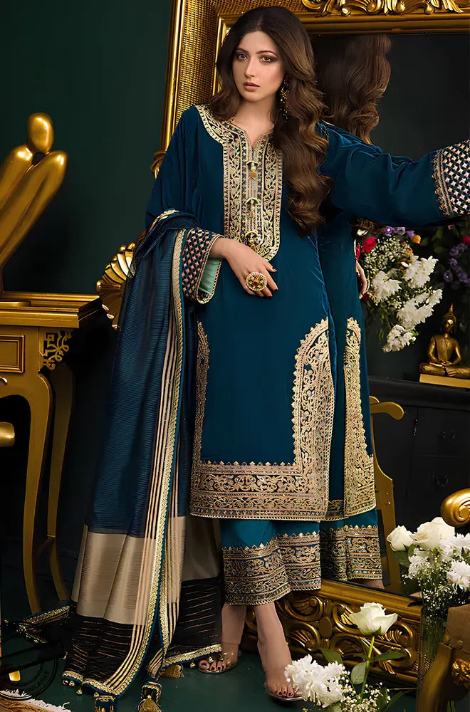 Asim Jofa - 3PC Velvet Embroidered Shirt With Broshia Net Dupatta and Trouser - SS0927