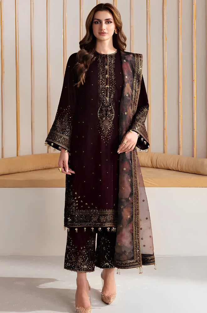 Jazmin - 3PC Velvet Embroidered Shirt With Organza Dupatta and Trouser - SS0926