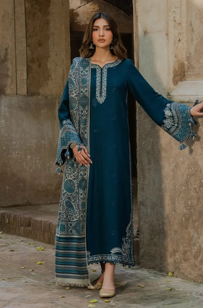 Izel - 3PC Dhanak Embroidered Shirt With Wool Printed Dupatta and Trouser - SS01007