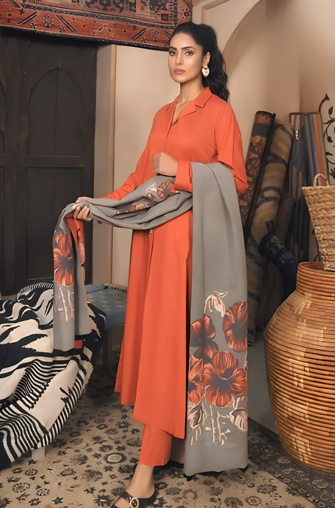3PC Dhanak Shirt With Dhanak Pinted Dupatta and Trouser - SS0986