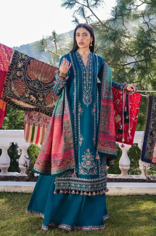 Hussain Rehar - 3PC Dhanak Embroidered Shirt With Wool Printed Dupatta and Trouser - SS01004