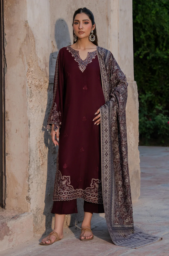 Izel - 3PC Dhanak Embroidered Shirt With Wool Printed Dupatta and Trouser - SS01010