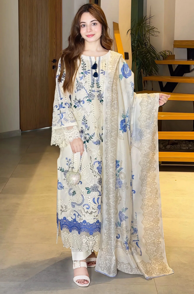 Preet Pret - 3PC Chikankari Embroidered Lawn Shirt With Monar Dupatta and Trouser - SS01013