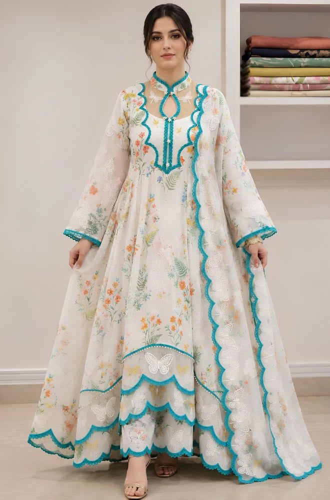 BlueFery - 3PC Lawn Printed Frock With Lawn Dupatta and Trouser - SS0922
