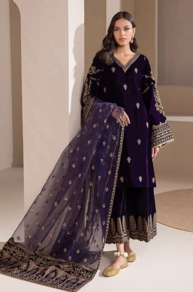 Boraque -Winter 3PC Velvet Embroidered Suit - SS0461