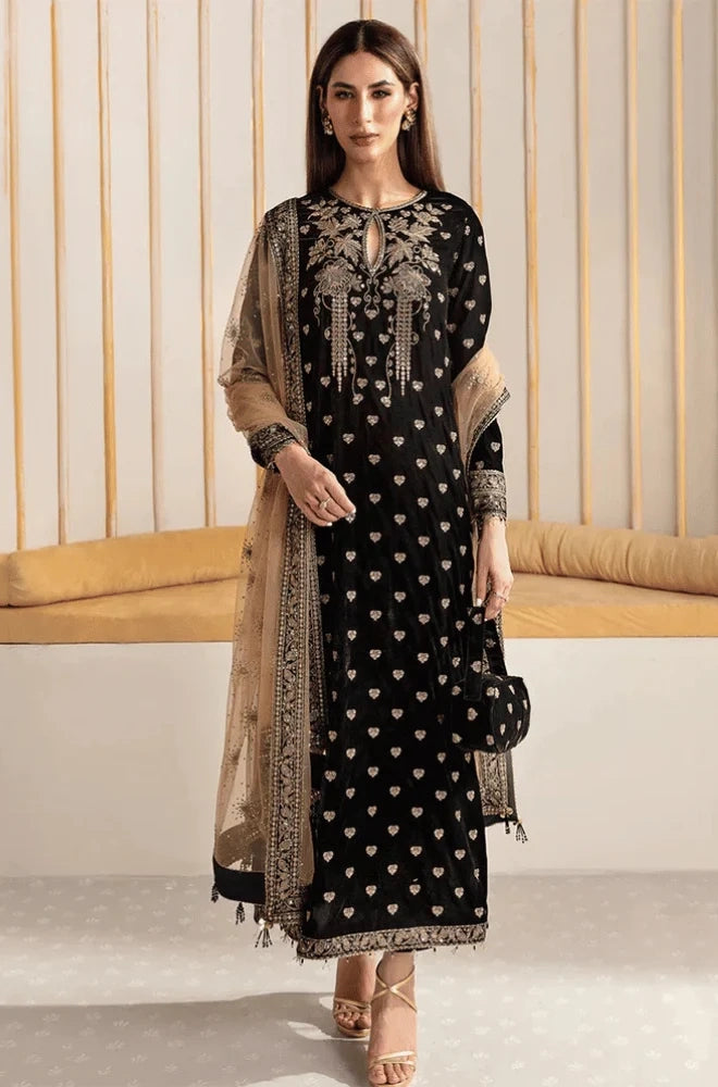 Jazmin - 3PC Velvet Embroidered Shirt With Organza Embroidered Dupatta and Trouser - SS01020