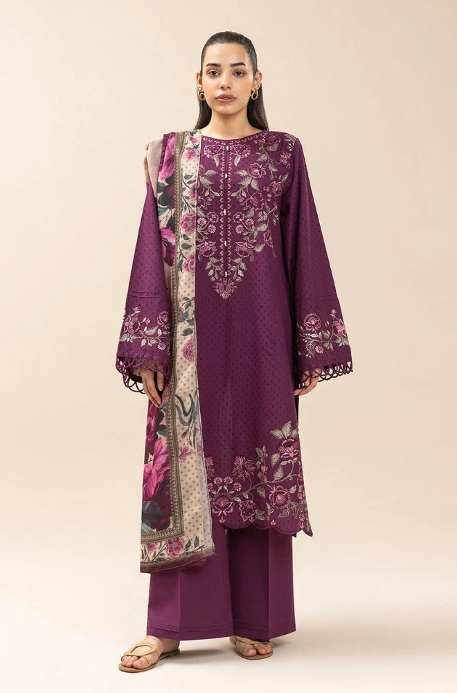 Beechtree - 3PC Dhanak Embroidered Shirt With Chiffon Printed Dupatta and Trouser - SS01030