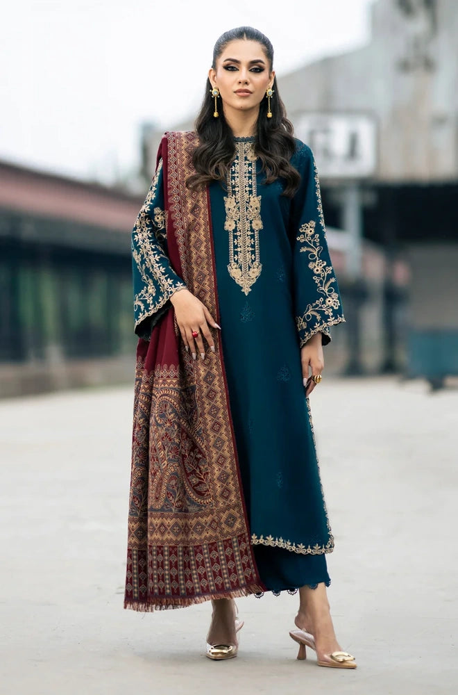 IZEL Apparel - 3PC Dhanak Embroidered Shirt With Wool Printed Dupatta and Trouser -SS01040
