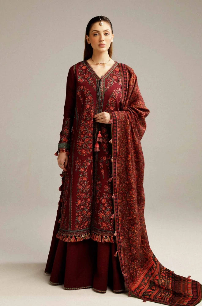 Hussain Rehar - 3PC Dhanak Embroidered Shirt With Wool Prined Dupatta and Trouser - SS01044