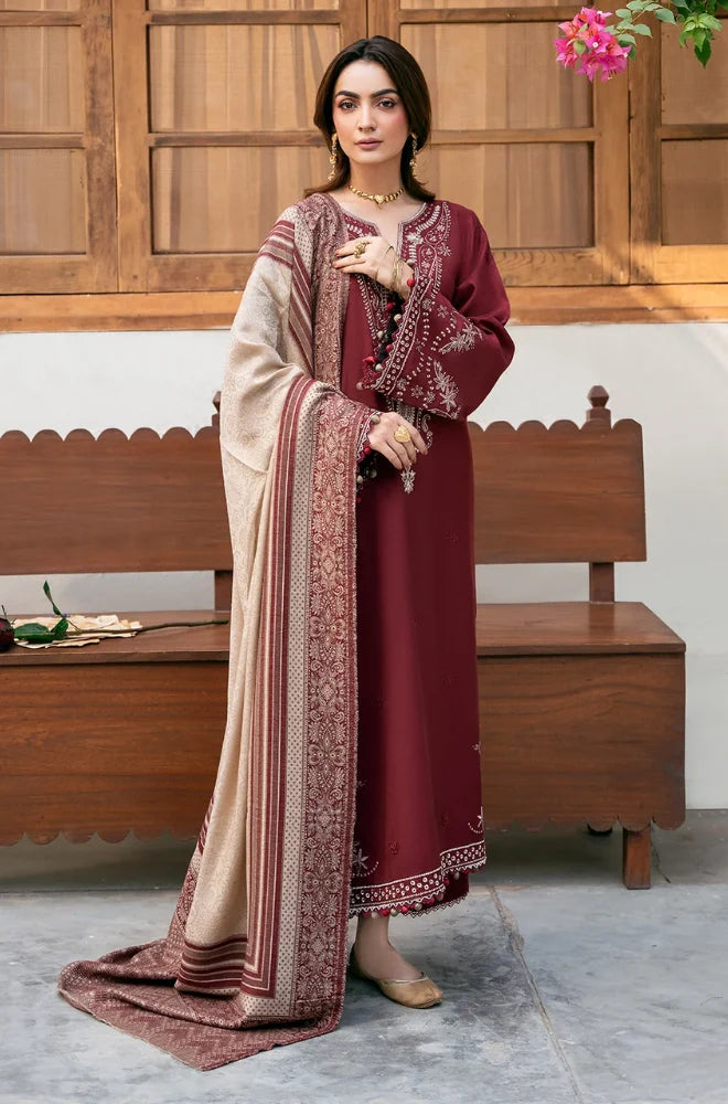 Izel Apparel - 3PC Dhanak Embroidered Shirt With Wool Printed Dupatta and Trouser - SS01047