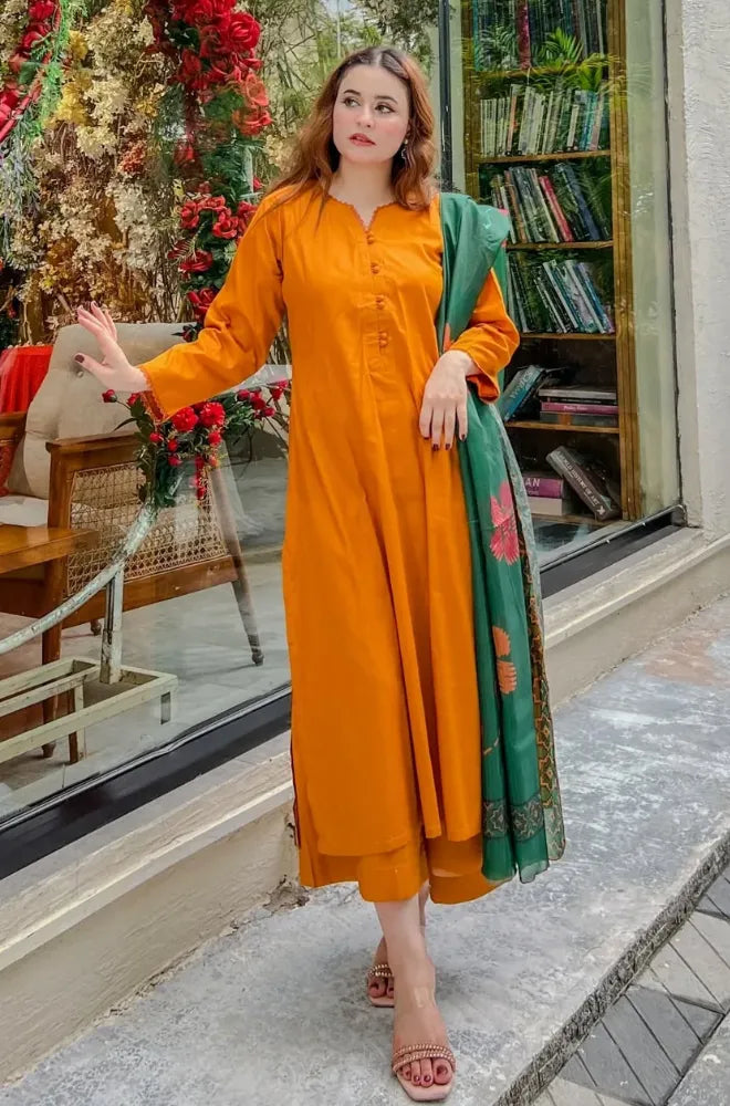 Shahijora - 3PC Lawn Shirt With Slub Net Dupatta and Trouser - SS01143