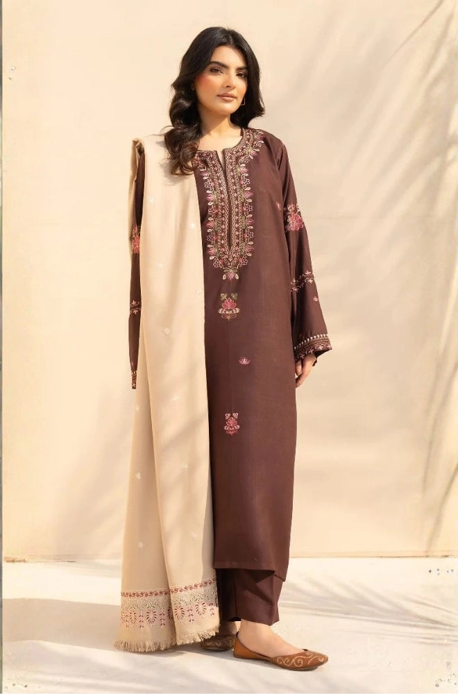 3PC Dhanak Embroidered Shirt With Wool Printed Dupatta and Trouser - SS01050