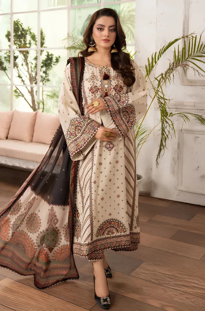 3PC Dhanak Embroidered Shirt With Chiffon Printed Dupatta and Trouser - SS01043