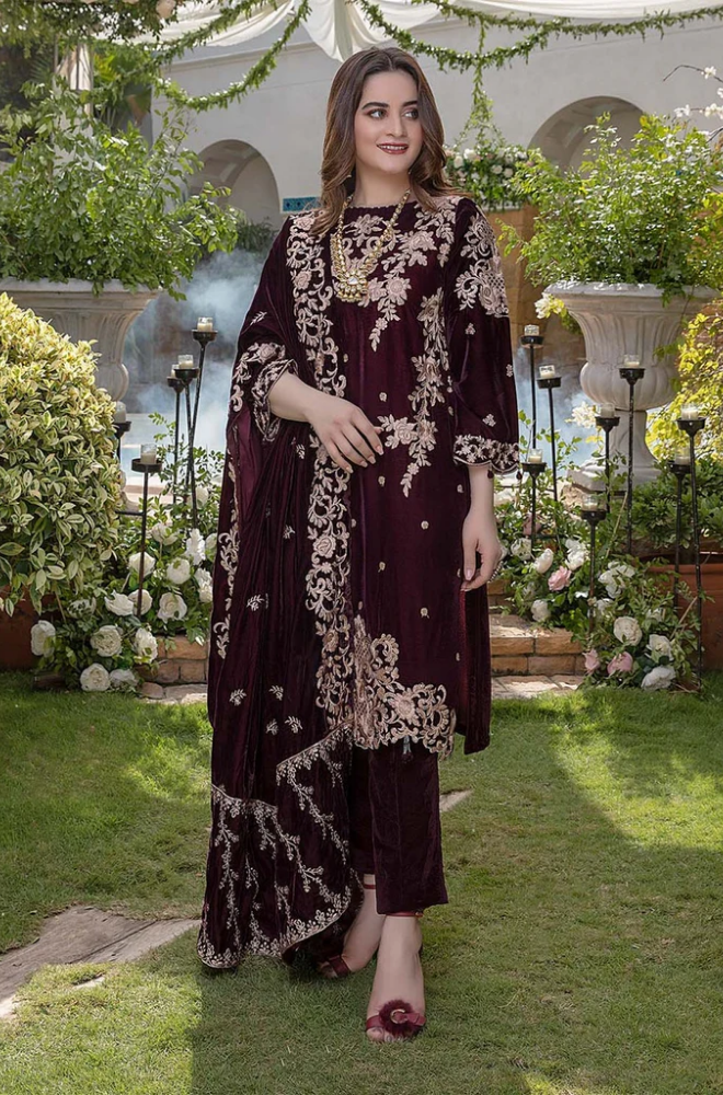Boraque - Velvet 3 Pcs Velvet Embroidered Suit - SB0169