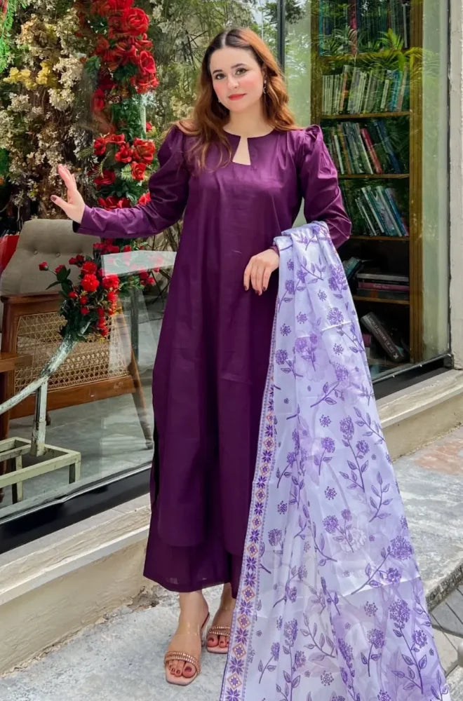 Shahijora - 3PC Lawn Shirt With Slub Net Printed Dupatta and Trouser - SS01145