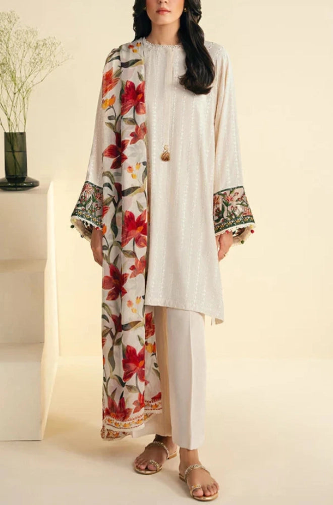 Cross Stitch - 3PC Dhanak Embroidered Shirt With Wool Printed Dupatta and Trouser - SS01085