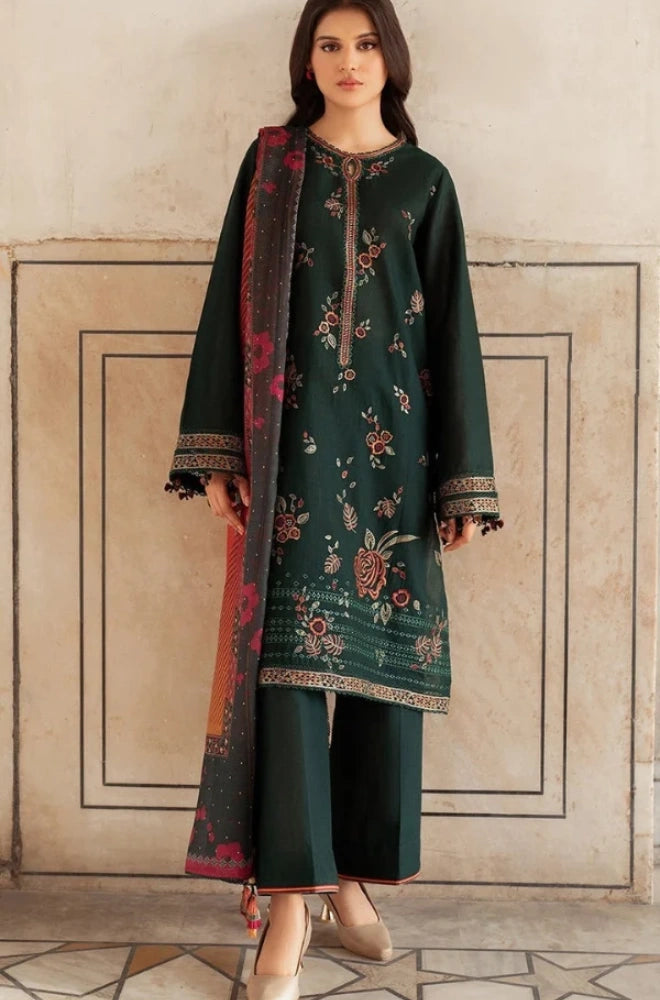 Jazmin 3PC Dhanak Embroidered Shirt With Wool Printed Dupatta and Trouser - SS01083