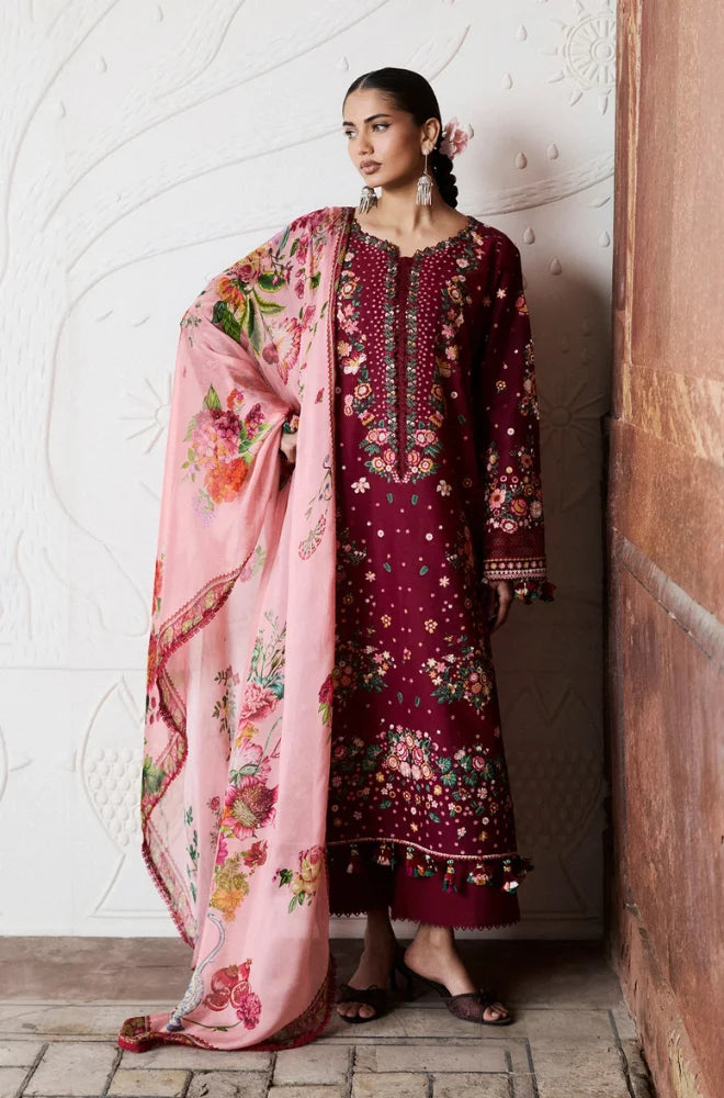 Hussain Rehar - 3PC Dhanak Embroidered Shirt With Wool Printed Dupatta and Trouser - SS01076