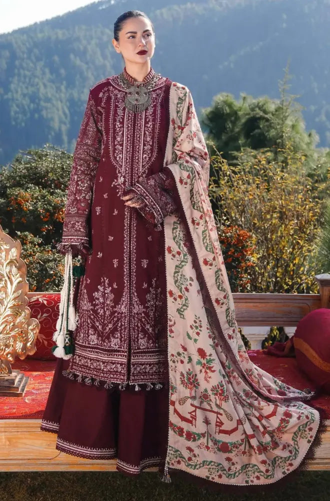Hussain Rehar - 3PC Dhanak Embroidered Shirt Winter Wool Printed Dupatta and Trouser - SS01081