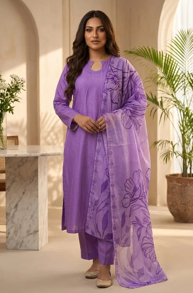 Shahijora - 3PC Lawn Shirt With Slub Net Printed Dupatta and Trouser - SS01147