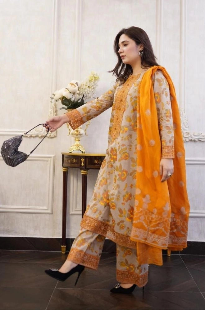 Aneelas - 3PC Lawn Printed Shirt with Lawn Printed Dupatta and Trouser - SS0855