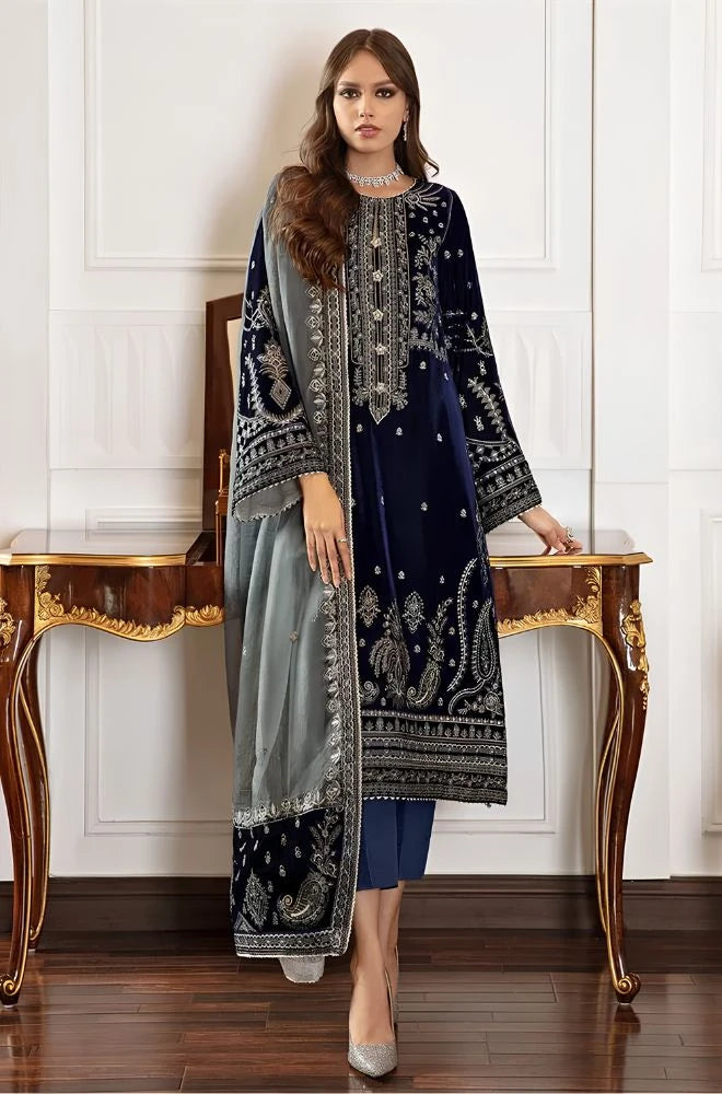Jazmin - 3PC Velvet Embroidered Shirt With Organza Embroidered Dupatta and Trouser - SS0928