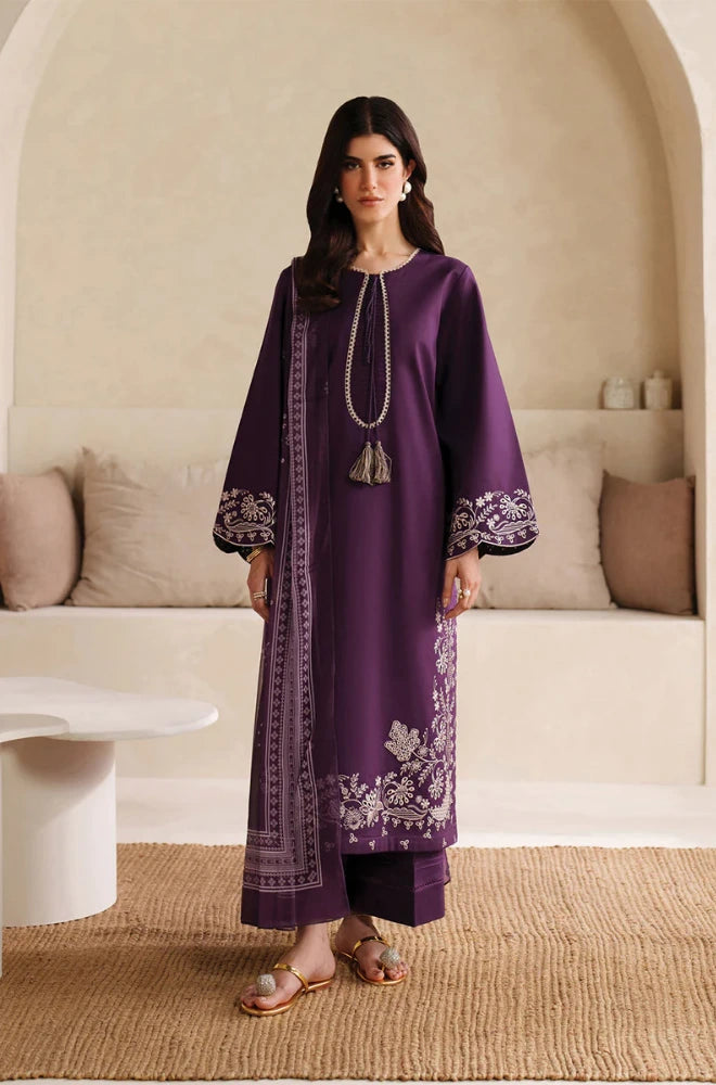 Garnet - 3PC Dhanak Embroidered Shirt With Twill Printed Dupatta and Trouser - SS0898