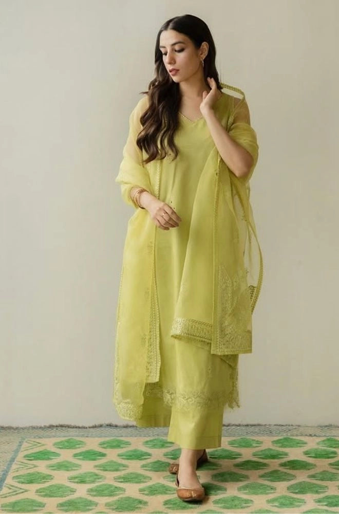 DYOT - 3PC Summer Lawn Embroidered Shirt with Organza Embroidered Dupatta and Trouser - SS0802