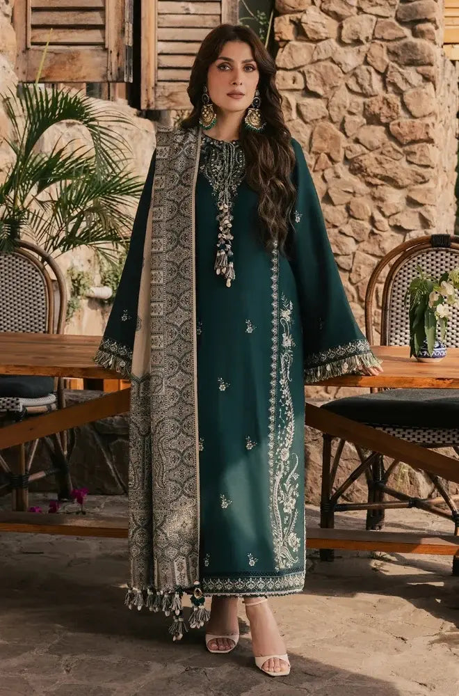 Ziva - 3PC Dhanak Embroidered Shirt With Pashmina Printed Dupatta and Trouser - SS01173