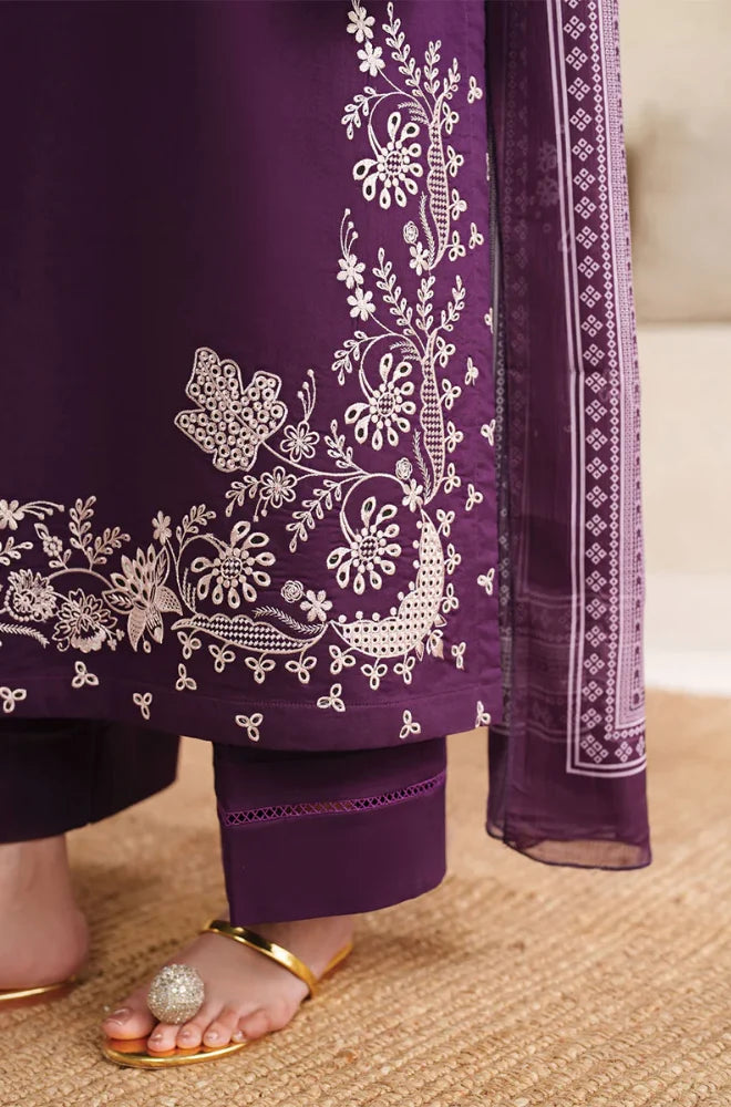 Garnet - 3PC Dhanak Embroidered Shirt With Twill Printed Dupatta and Trouser - SS0898
