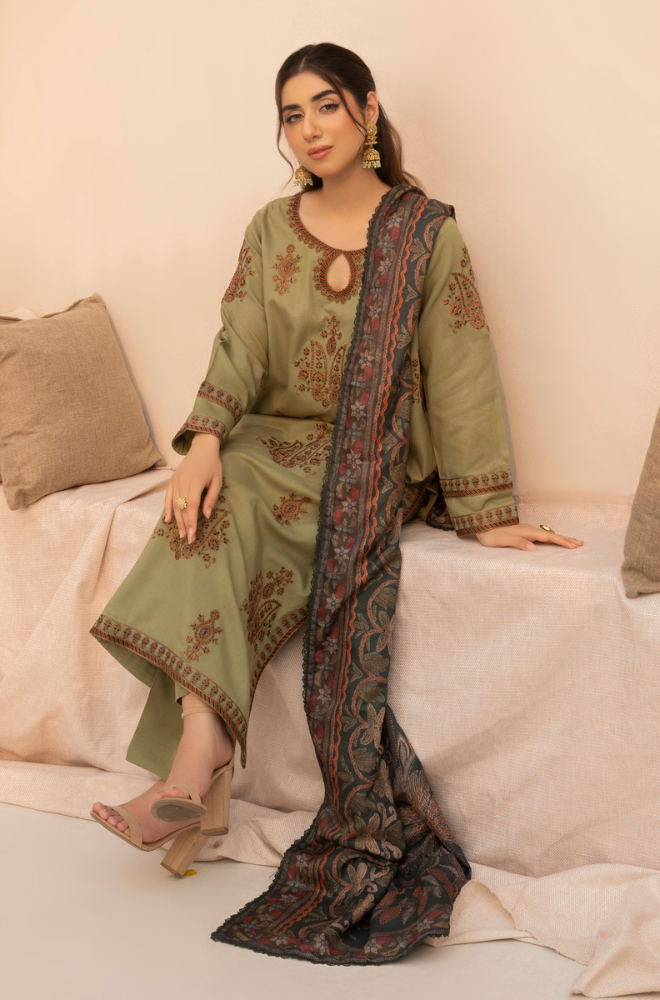 Mohagni- 3 Piece - Dhanak Embroidered Suit - SU0074