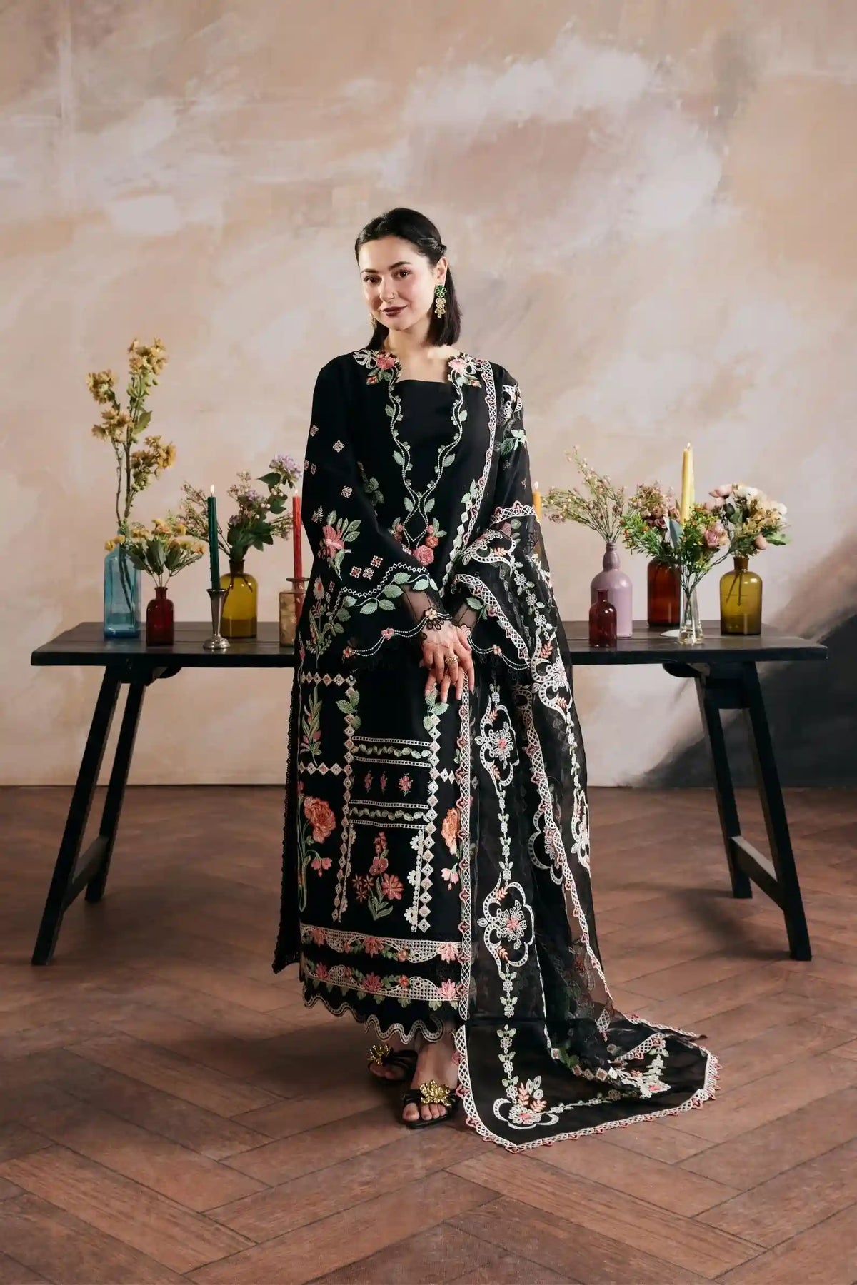 Maryam Hussain - 3PC Lawn Embroidered Shirt with Cotton Net Embroidered Dupatta and Trouser - SS0827