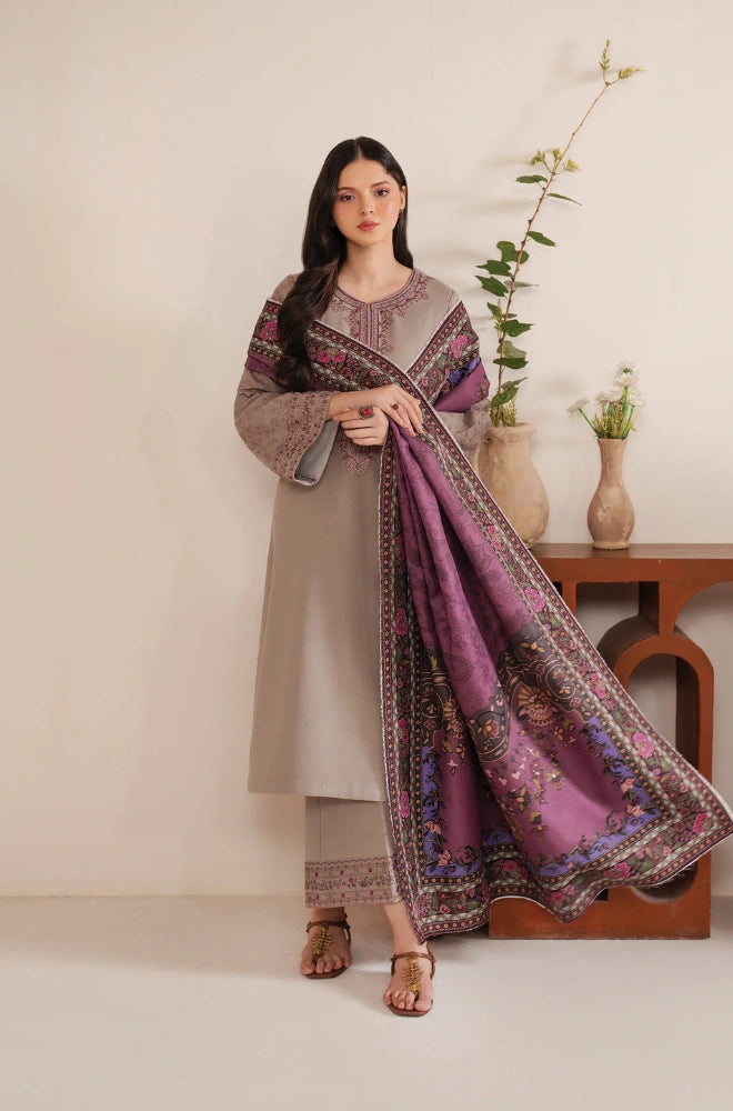Garnet - 3PC Dhanak Embroidered Shirt With Pashmina Printed Dupatta and Trouser - SS01175