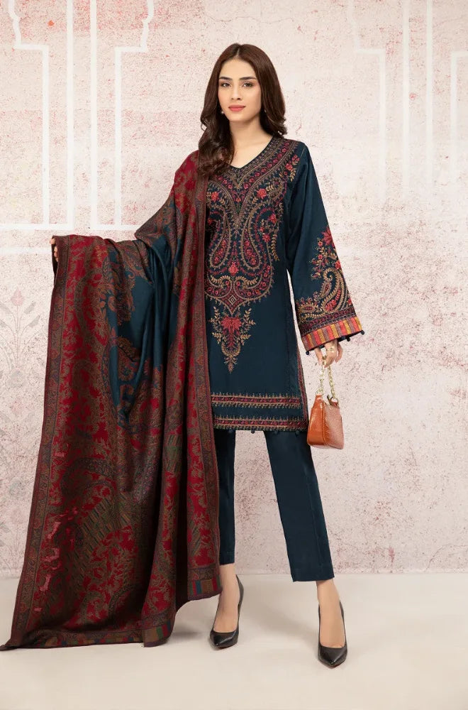 Maria.B - 3PC Dhanak Embroidered Shirt With Wool Printed Dupatta and Trouser - SS01069