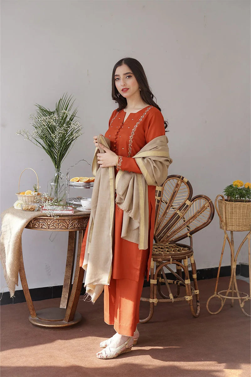 Aisling - 3PC Dhanak Embroidered Shirt with Wool Plain Dupatta and Trouser - SS0873
