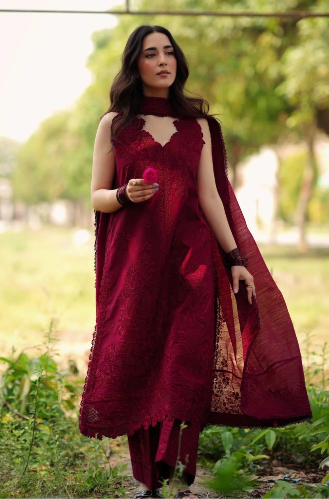 Maroon-Summer 3PC Lawn Chikankari Embroidered Suit - SS0781
