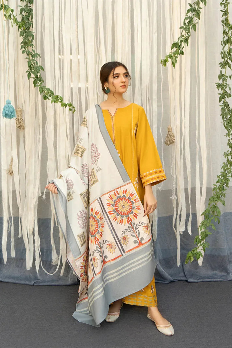 Urge - 3PC Dhanak  Embroidered Shirt with Twill Printed Dupatta and Trouser - SS0866