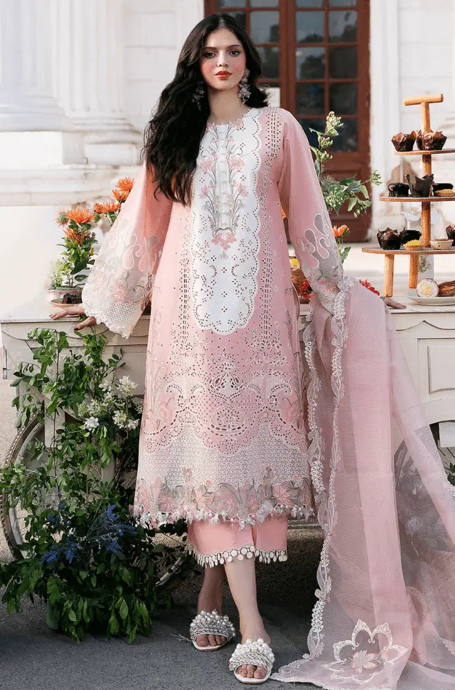 BIN ILYAS - 3PC Lawn Chikankari Embroidered Shirt with Chiffon Embroidered Dupatta and Trouser - SS0624
