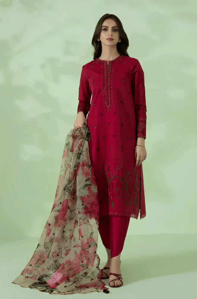Sapphire - 3PC Dhanak Embroidered Shirt with Organza Printed Dupatta and Trouser - SS0889