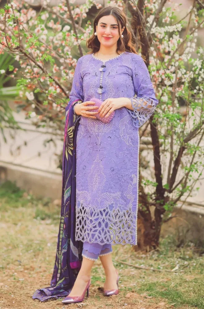 Mushq - 3PC Dhanak Embroidered Shirt with Twill Printed Dupatta and Trouser - SS0892
