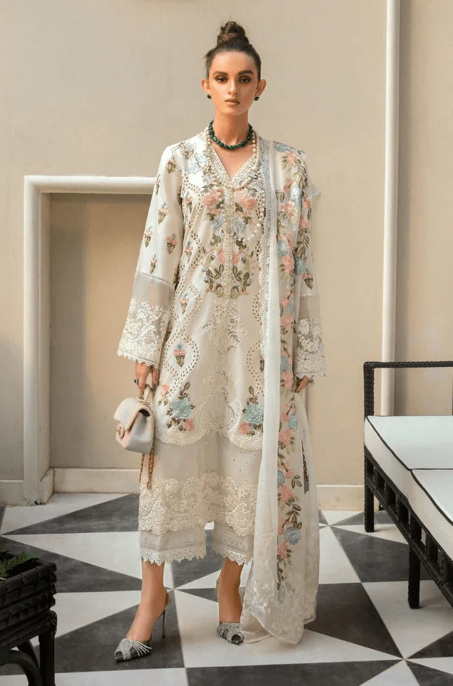 Crimson - 3PC Lawn Chikankari Embroidered Shirt with Khadi Net Embroidered Dupatta and Trouser- SS0597