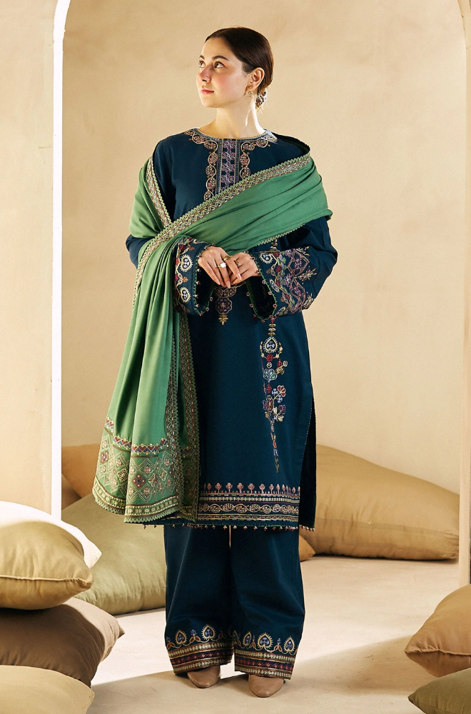 Zara Shahjahan - 3 Piece - Dhanak Embroidered Suit - SB0039